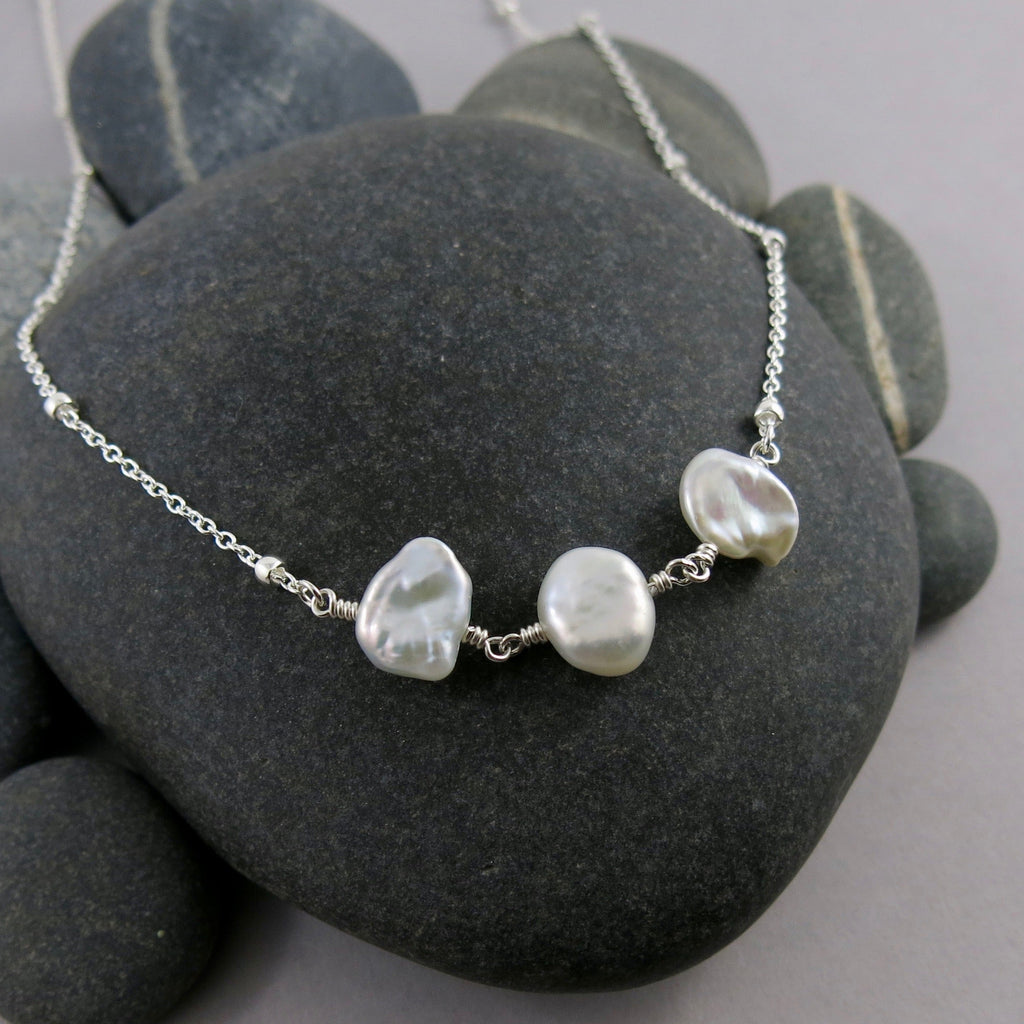 Keshi Pearl Trio Necklace • White Freshwater Keshi Pearls & Sterling Silver