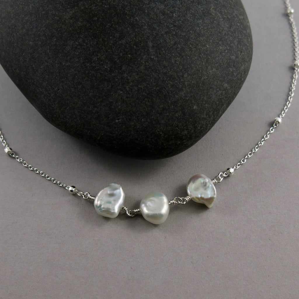 Keshi Pearl Trio Necklace • White Freshwater Keshi Pearls & Sterling Silver