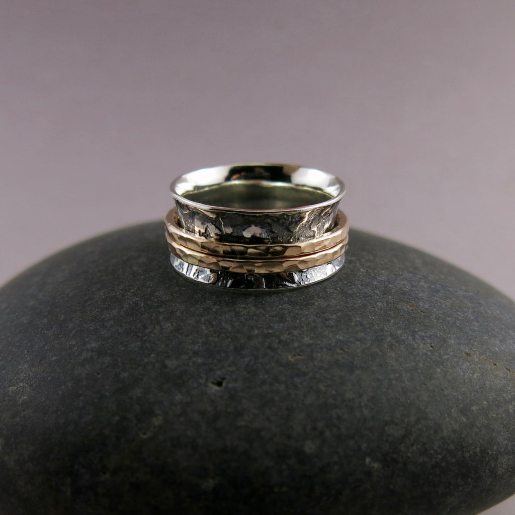 Bague de méditation à imprimé léopard • Bande en argent avec doubles toupies remplies d'or