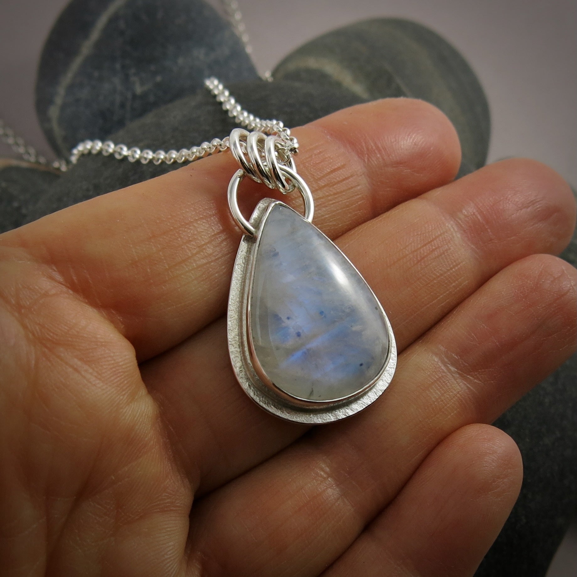 Rainbow Moonstone Teardrop Pendant  • Sterling Silver