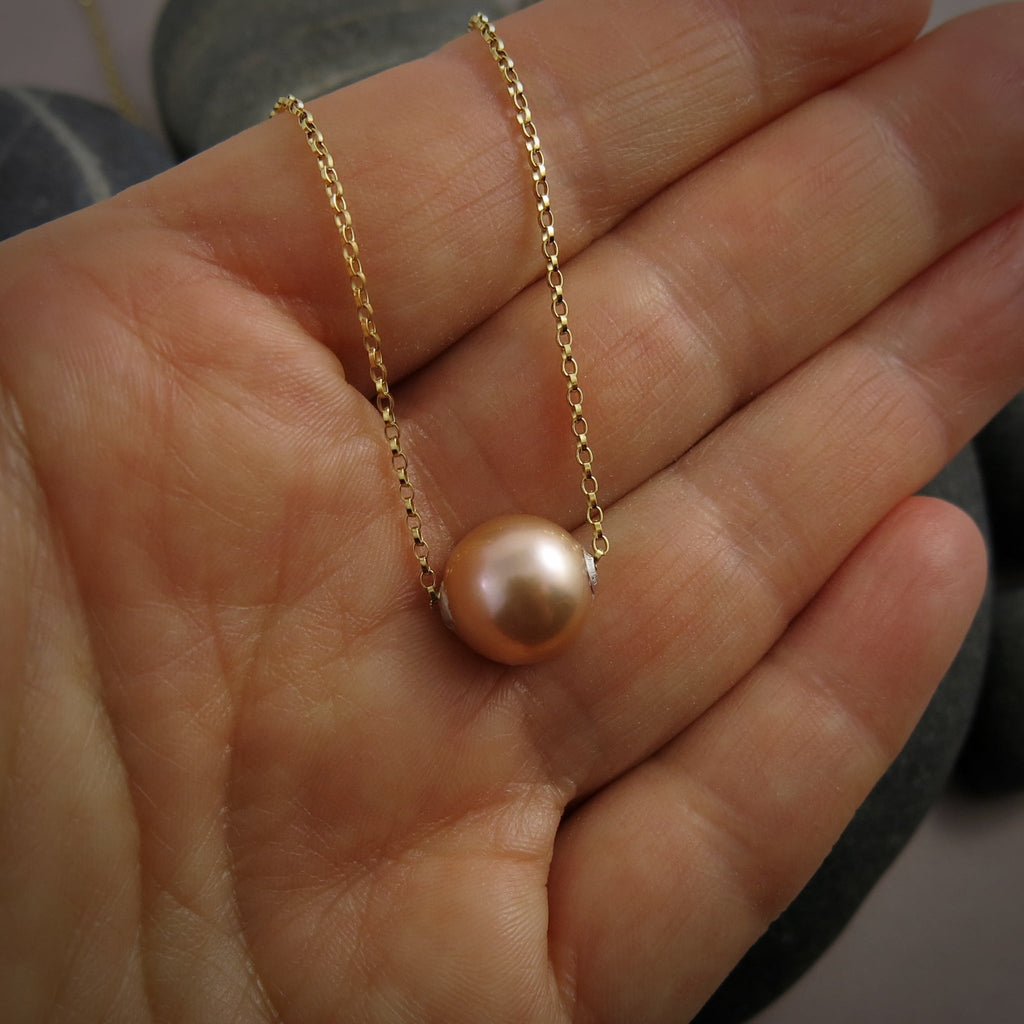 Collier coulissant en perles Edison rose pêche • Chaîne en or rempli 14 carats ou en argent sterling