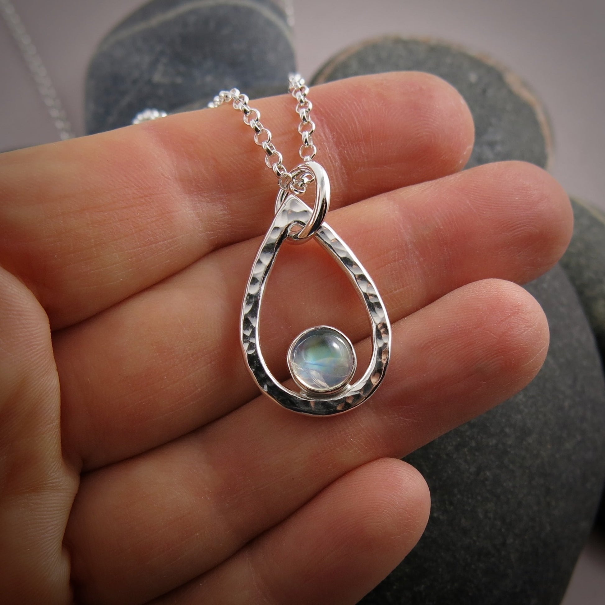 Rainbow Moonstone Raindrop Pendant  • Sterling Silver