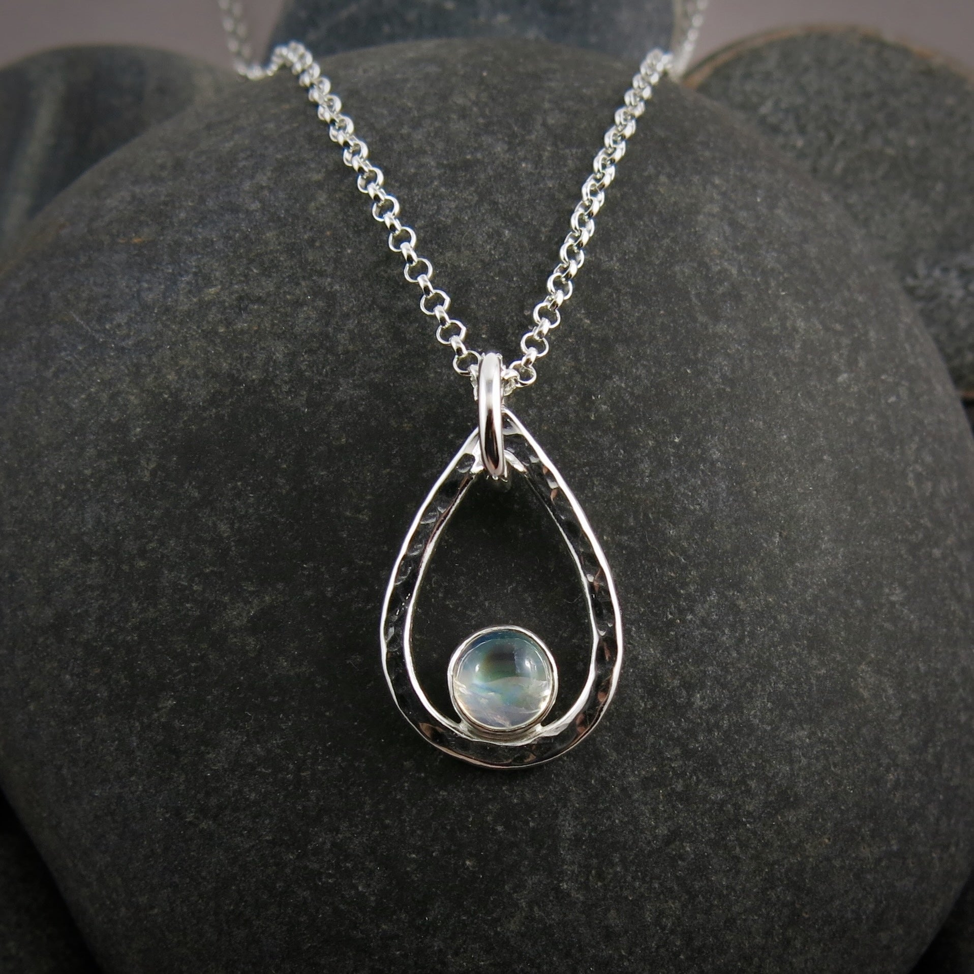 Rainbow Moonstone Raindrop Pendant  • Sterling Silver