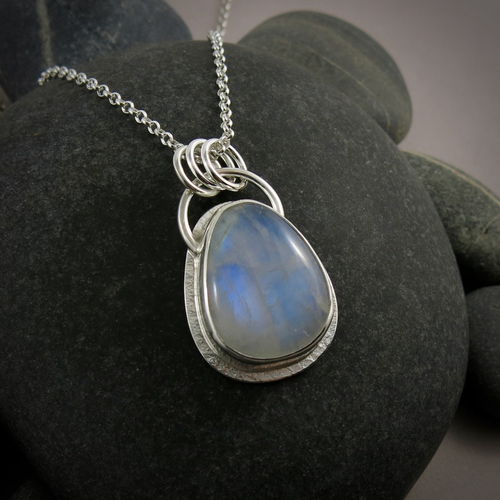 Rounded Teardrop Rainbow Moonstone Pendant  • Sterling Silver