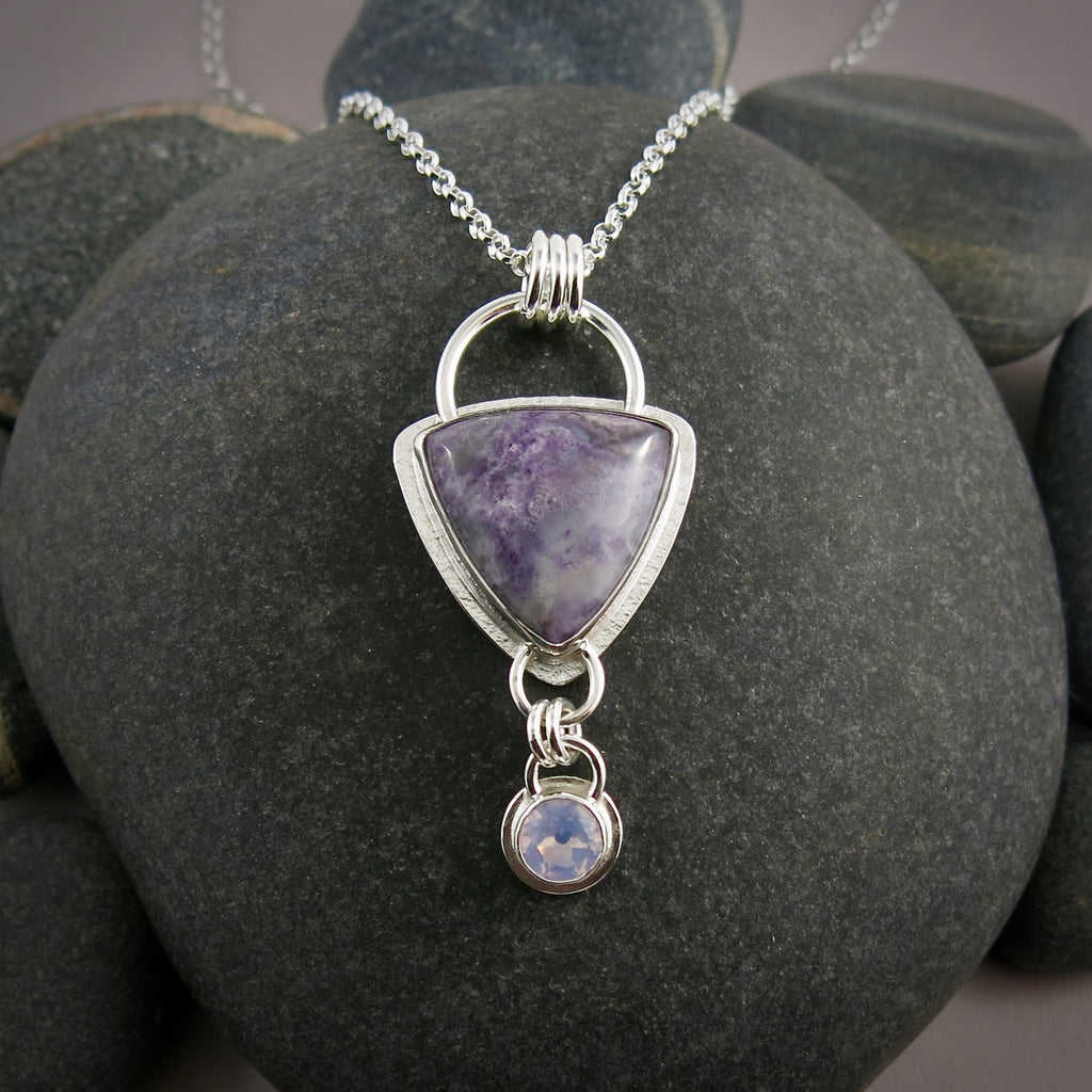 Collier en agate aztèque royale violette et quartz lunaire lavande • Argent sterling • Collection Scenic Wonders