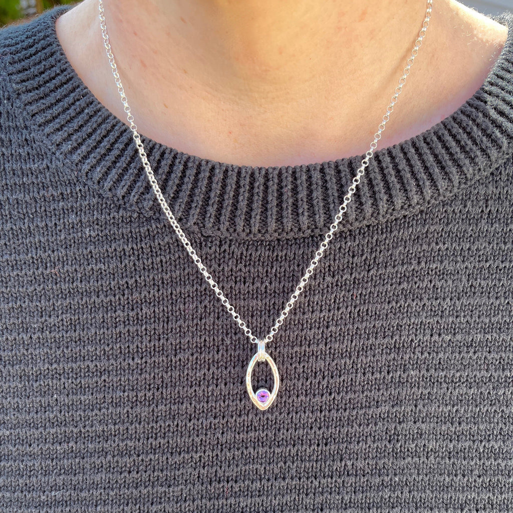 Silver Leaf Necklace with Amethyst • Modern Minimal Nature Inspired Necklace