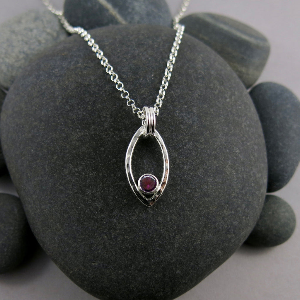 Silver Leaf Necklace with Garnet • Modern Minimal Nature Inspired Necklace