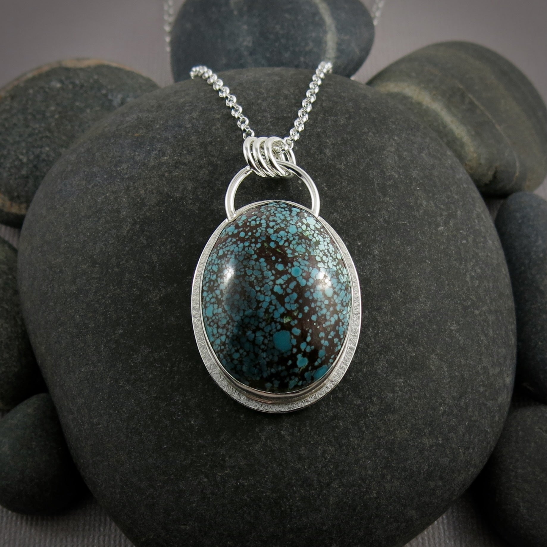 Pendentif en turquoise mouchetée du Hubei • Argent sterling