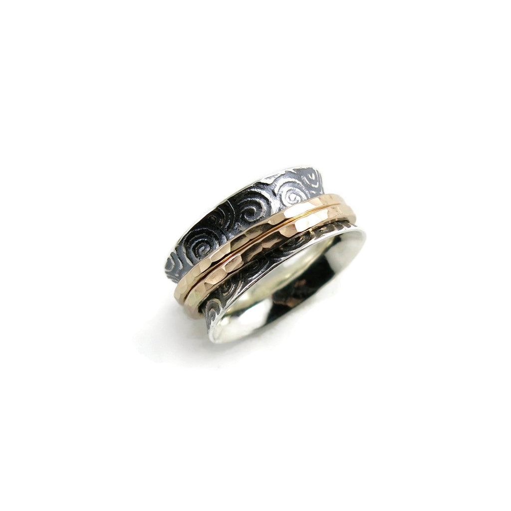 Bague de méditation à imprimé spirale • Bande en argent avec doubles toupies remplies d'or
