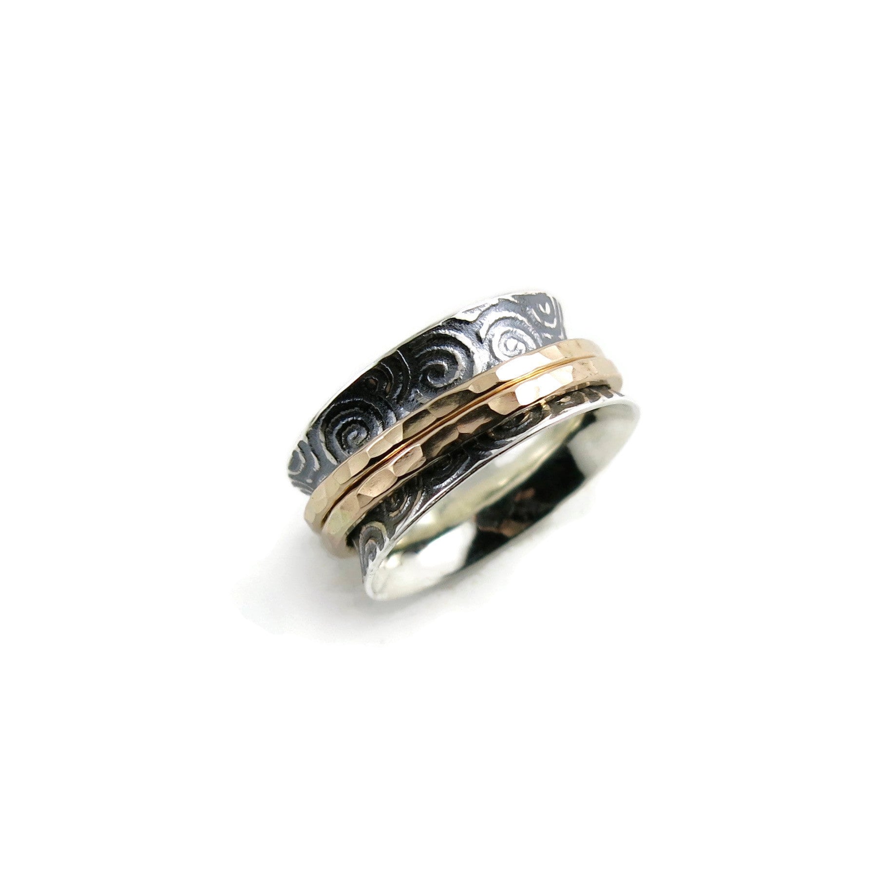 Bague de méditation à imprimé spirale • Bande en argent avec doubles toupies remplies d'or