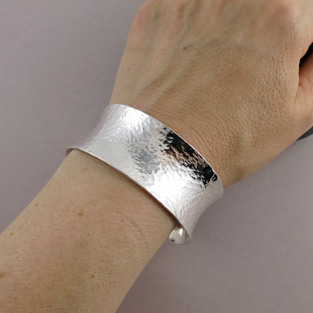 Wide Concave Silver Cuff Bracelet • Hammer Textured Sterling Silver