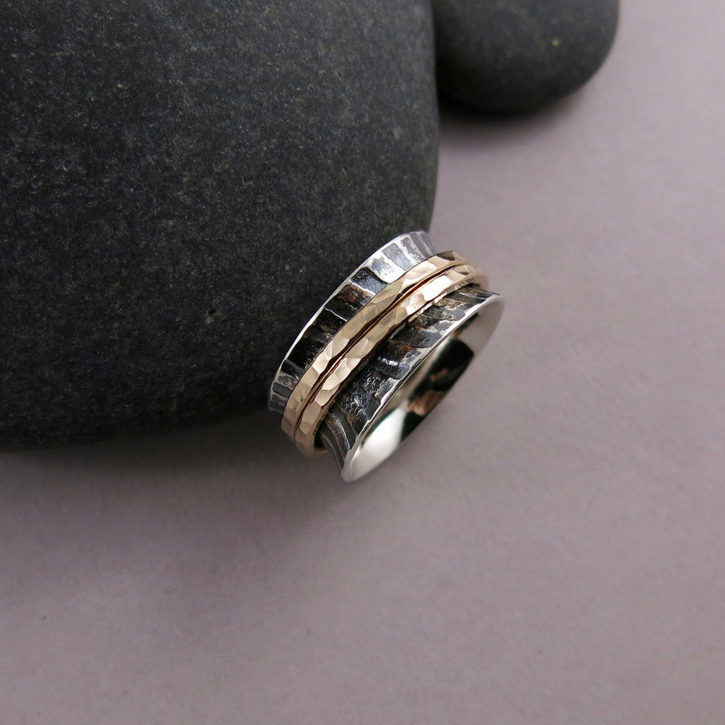 Bague de méditation à imprimé zèbre • Bande en argent avec doubles toupies remplies d'or