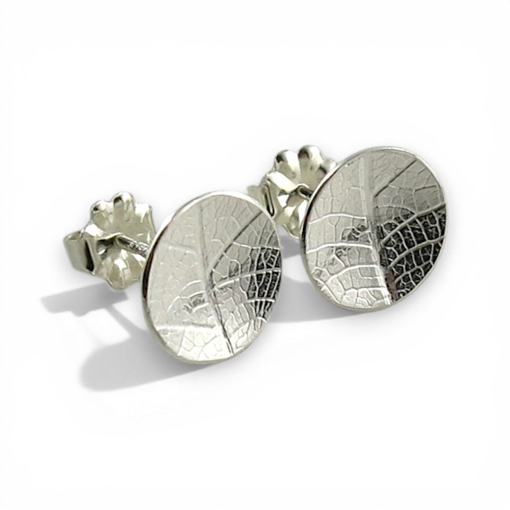 Leaf Imprint Disc Stud Earrings • Sterling Silver