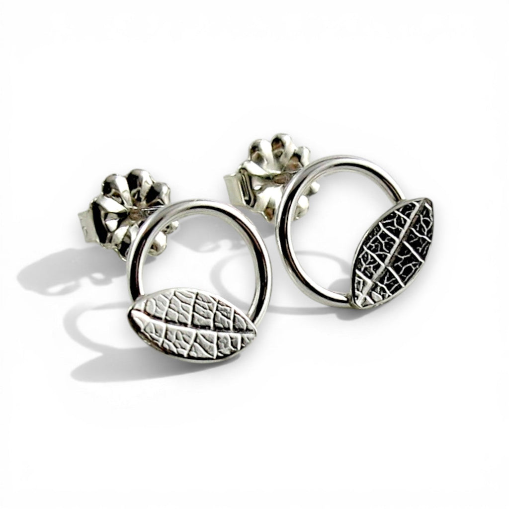 Tiny Leaf Circle Stud Earrings • Sterling Silver