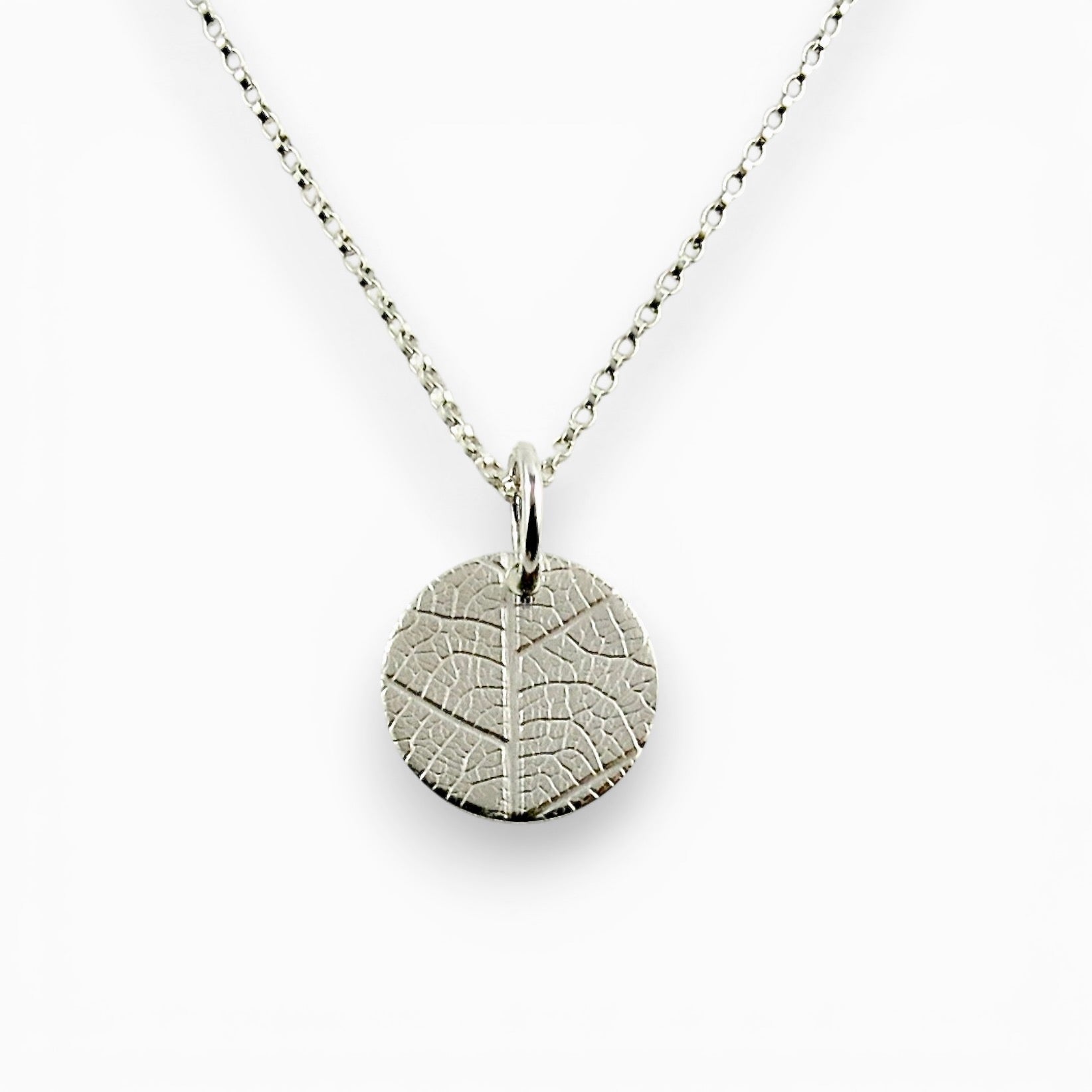Silver Leaf Imprint Disc Charm Necklace • Sterling Silver