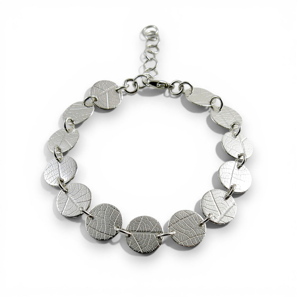 Sterling Silver Leaf Imprint Disc Bracelet | Adjustable Leaf Bracelet