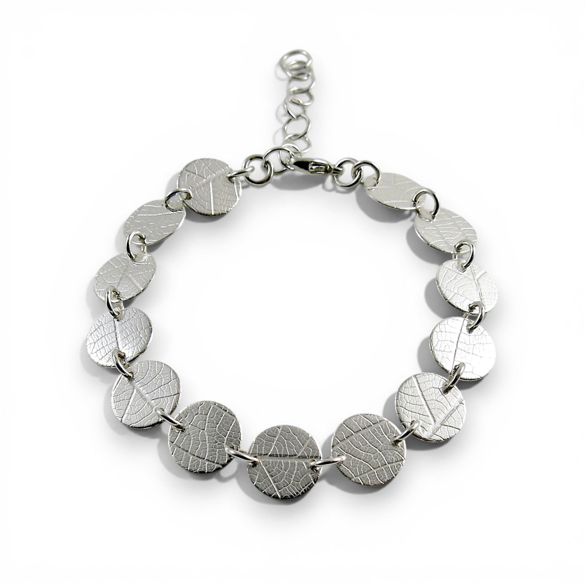Sterling Silver Leaf Imprint Disc Bracelet | Adjustable Leaf Bracelet