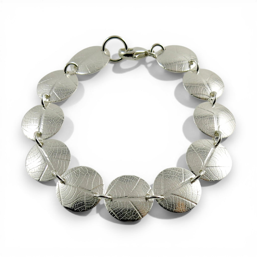 Chunky Sterling Silver Leaf Imprint Disc Bracelet | Statement Bracelet