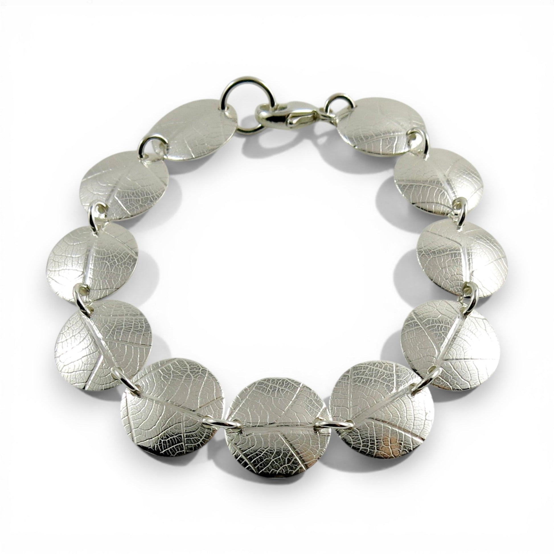 Chunky Sterling Silver Leaf Imprint Disc Bracelet | Statement Bracelet