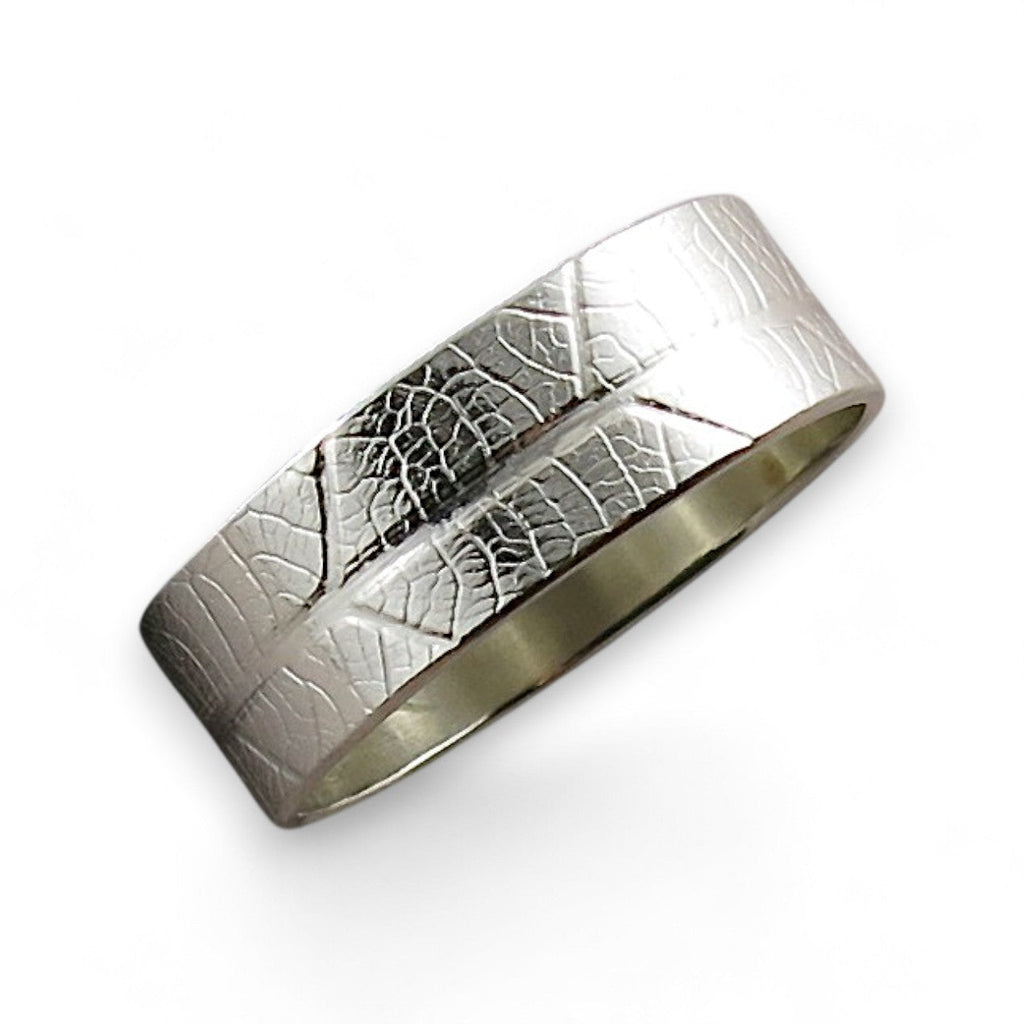 Sterling Silver Leaf Imprint Ring | 1/4" Wide Leaf Band