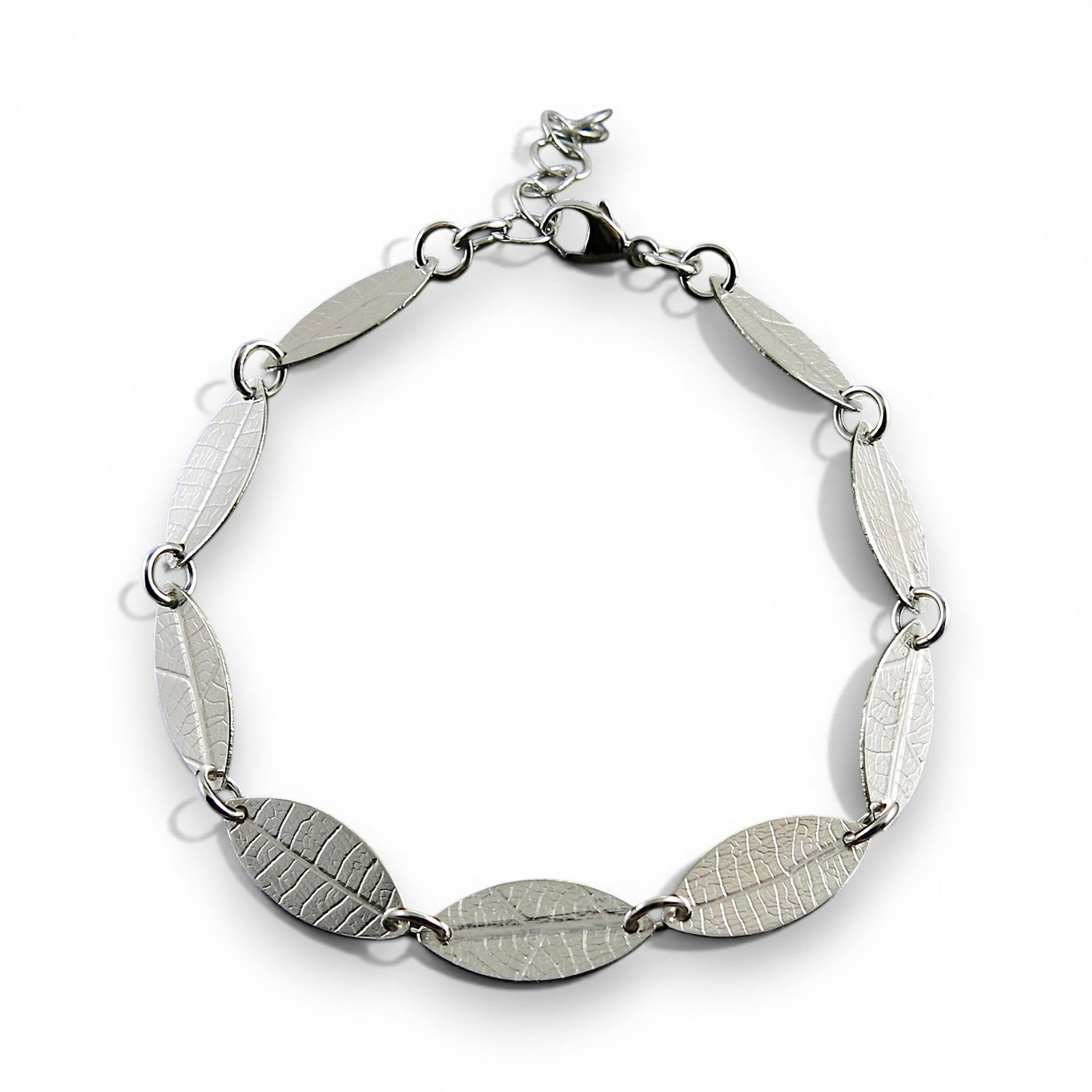 Sterling Silver Leaf Link Bracelet | Leaf Imprint Adjustable Bracelet