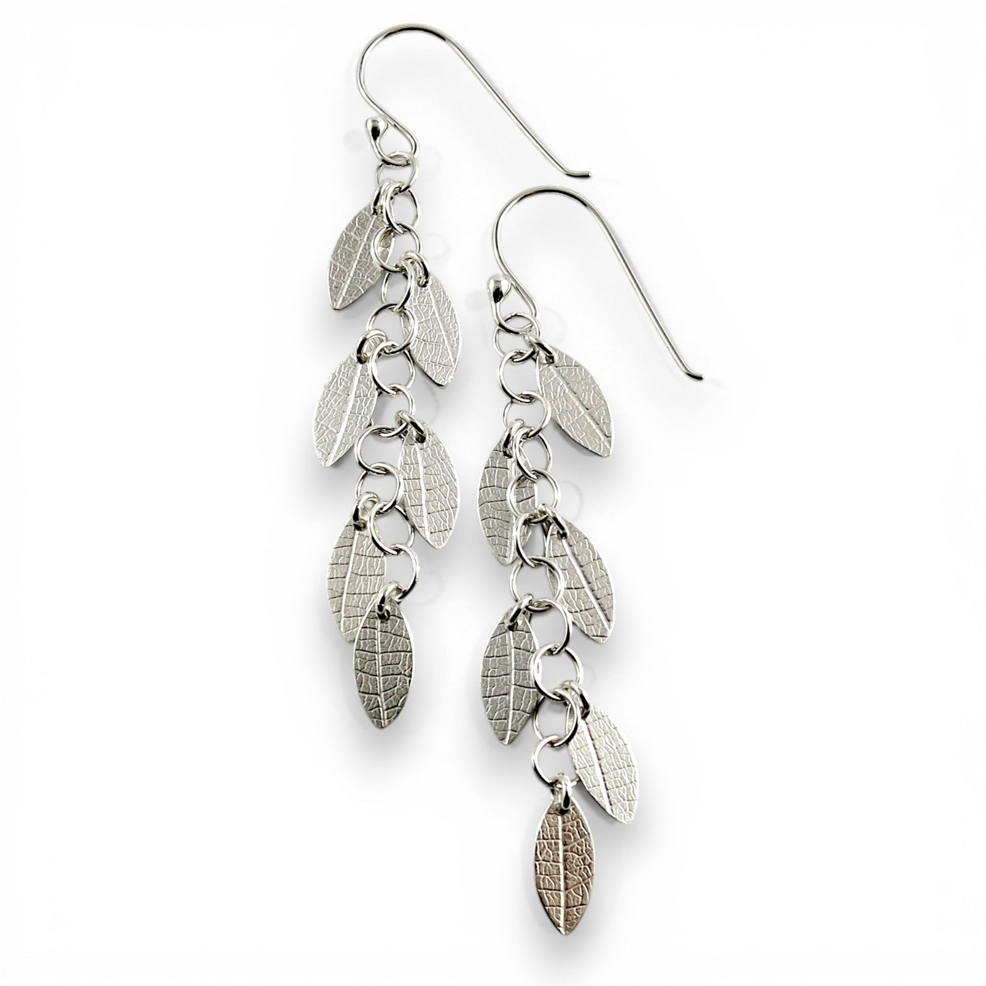 Falling Leaves Earrings • Sterling Silver Leaf Imprint Chain Earrings