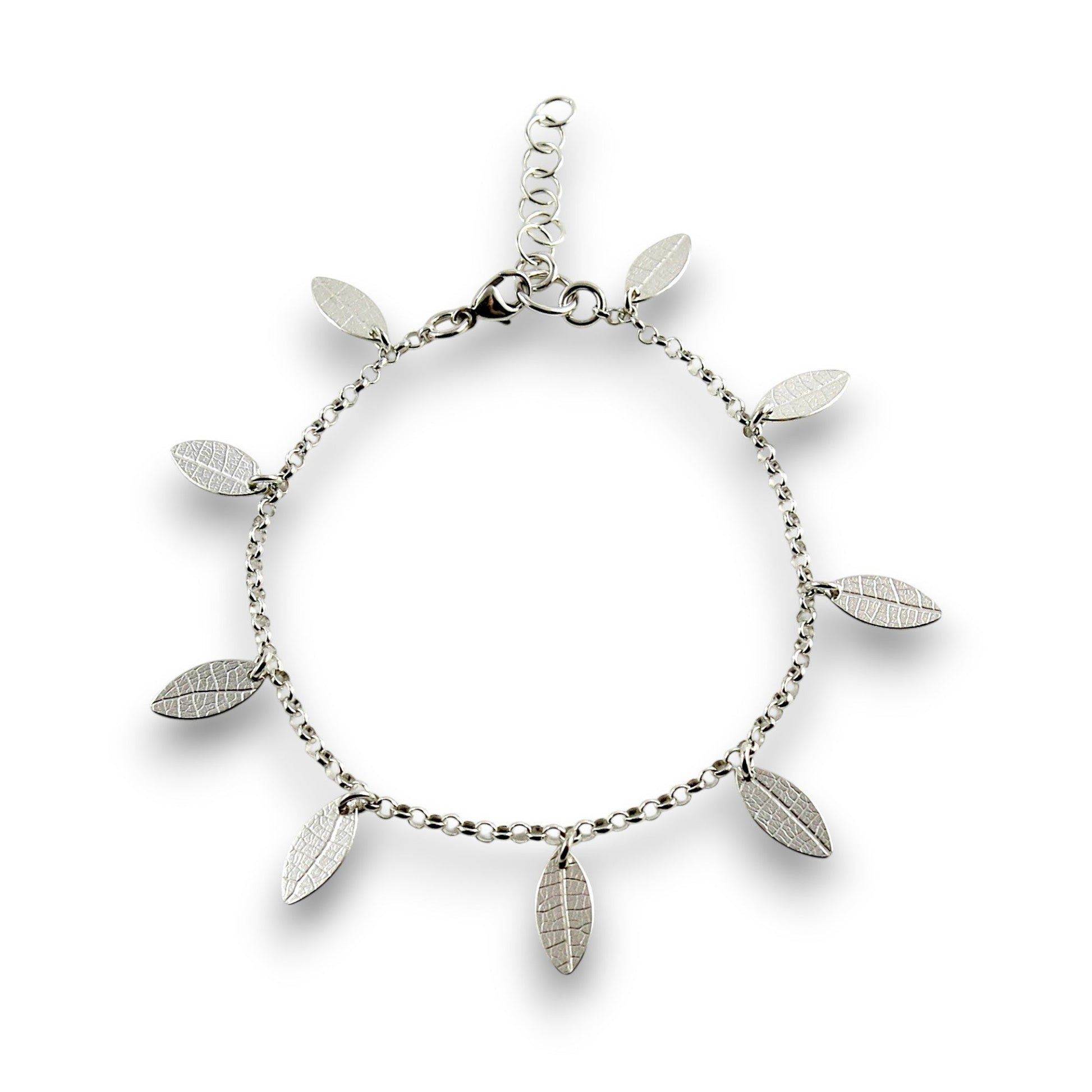 Adjustable Sterling Silver Leaf Charm Bracelet | Leaf Imprint Jewellery