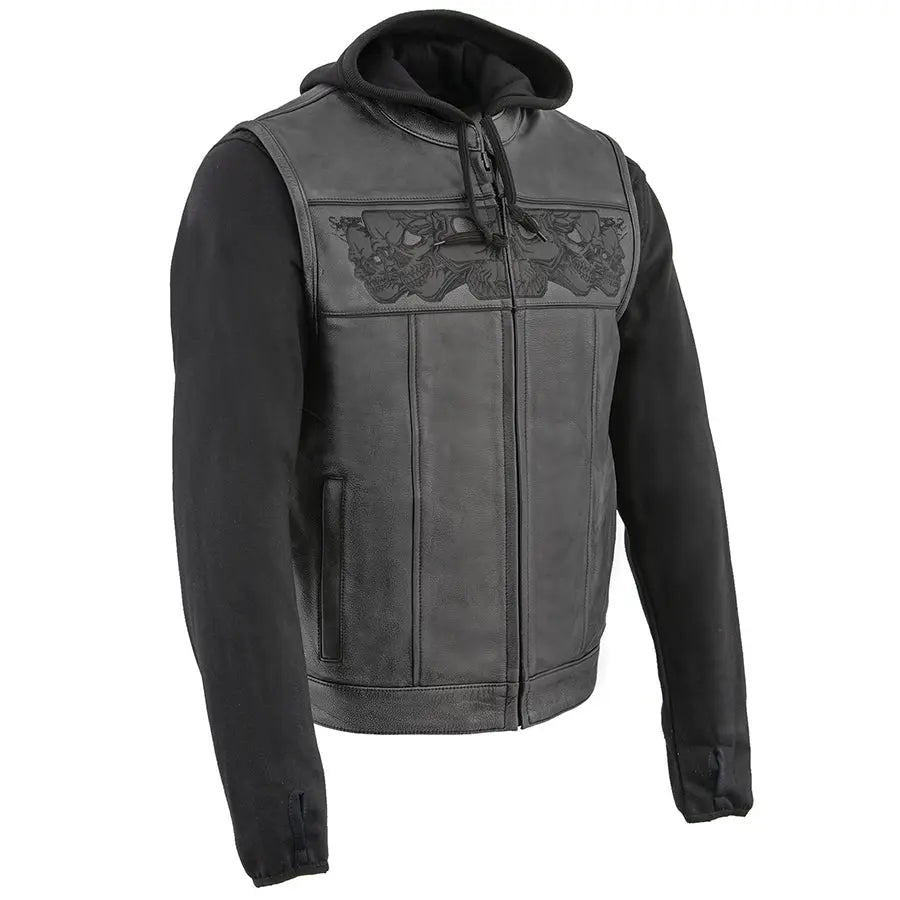 Gilet en cuir noir pour homme Milwaukee Leather avec têtes de mort réfléchissantes et doublure intégrale à capuche 