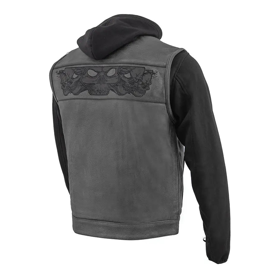 Gilet en cuir noir pour homme Milwaukee Leather avec têtes de mort réfléchissantes et doublure intégrale à capuche 
