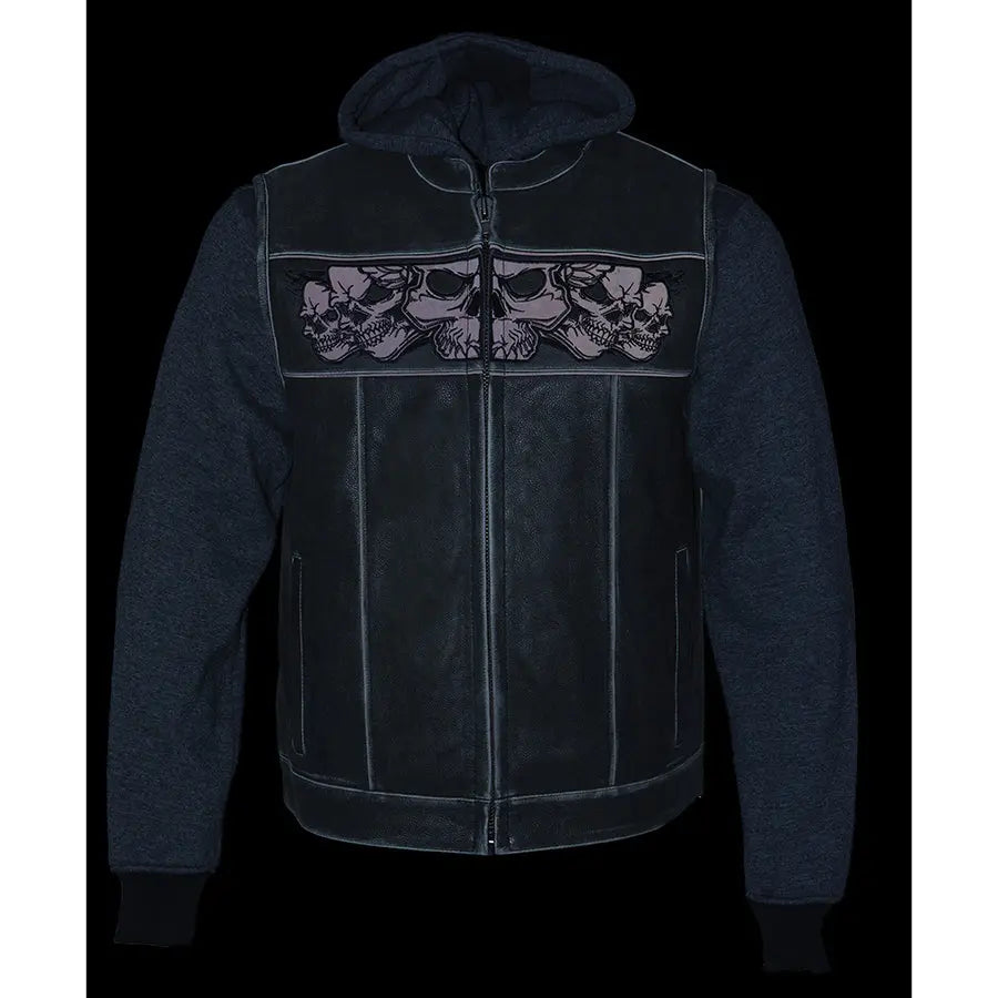 Gilet en cuir noir pour homme Milwaukee Leather avec têtes de mort réfléchissantes et doublure intégrale à capuche 