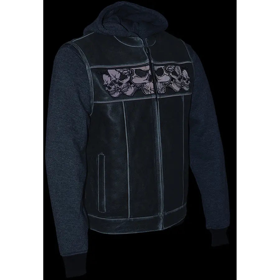 Gilet en cuir noir pour homme Milwaukee Leather avec têtes de mort réfléchissantes et doublure intégrale à capuche 