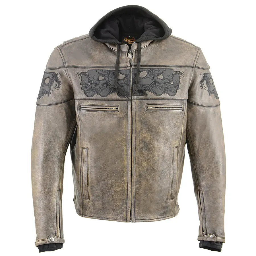 Milwaukee Leather Men's Distressed Brown Crossover Scooter Jacket with Reflective Skulls