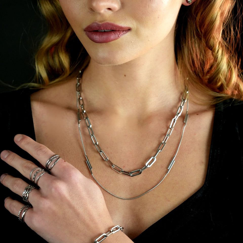 JACINTA Contemporary Paper Clip Silver Chain Necklace
