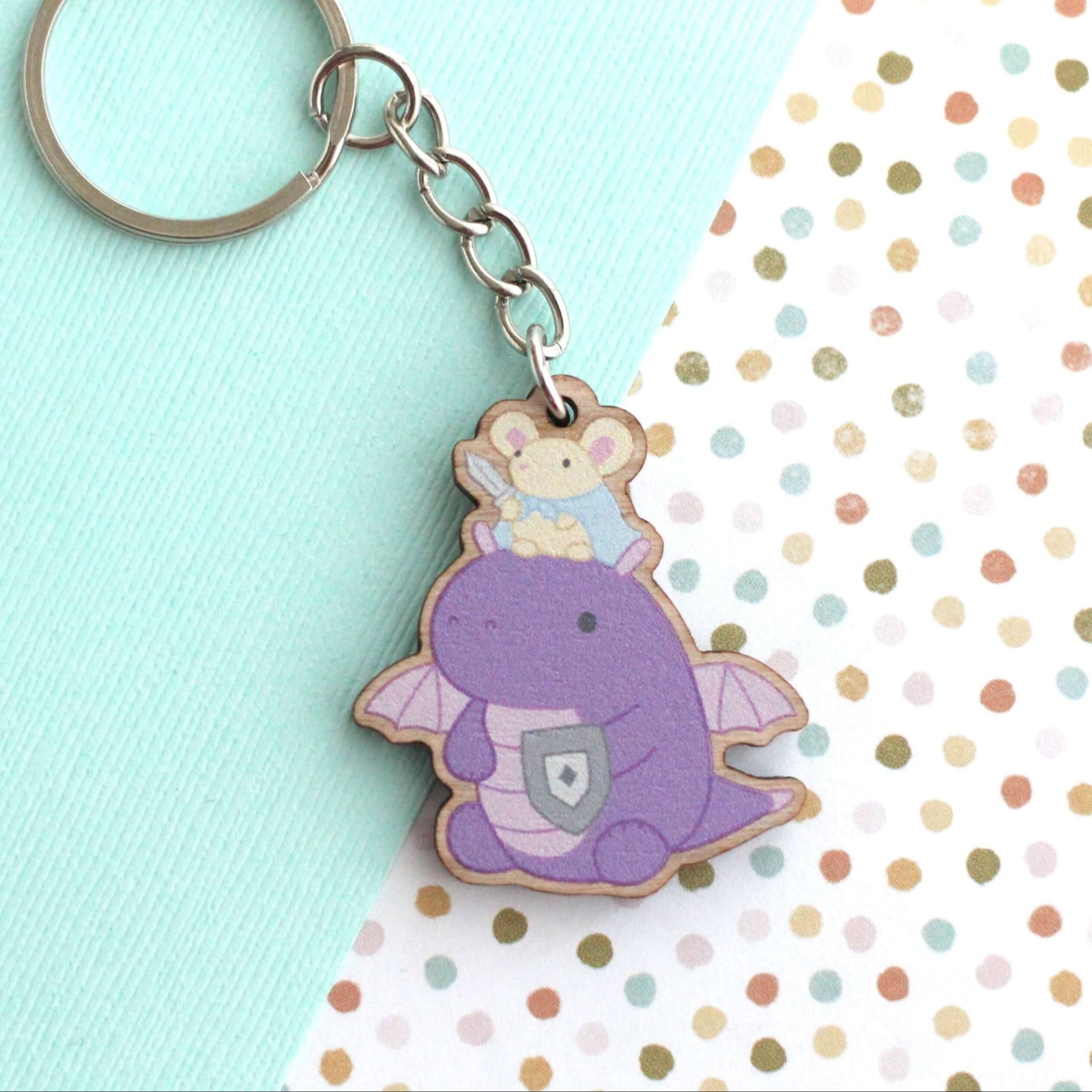 Porte-clés en bois Souris et Chevalier Dragon - Cadeau durable - Bijou de sac