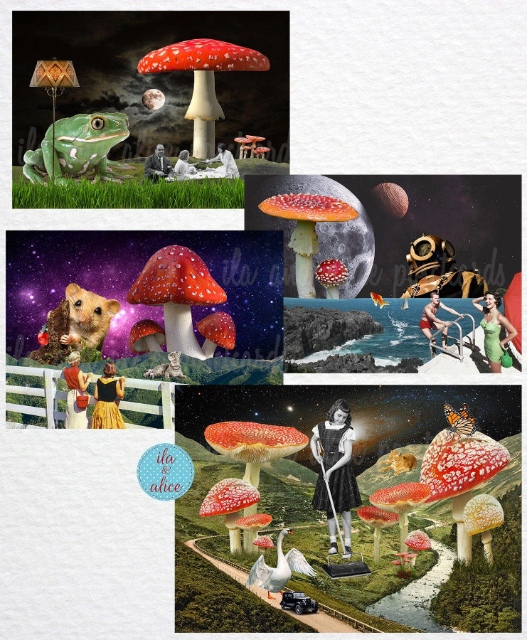 Red & White Sci-Fi Mushroom Collage Art Postcards