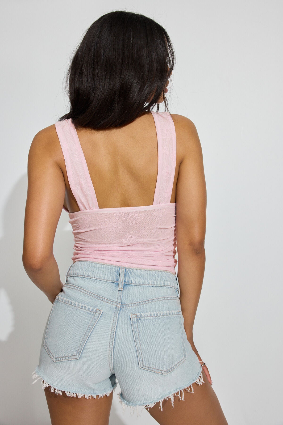 Plunge Ruched Mesh Tank Top