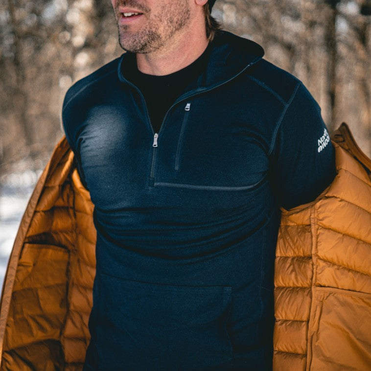 NorthWool Men's Merino Wool 1/4 Zip Midlayer Hoodie with Pouch and Pocket 260 GSM