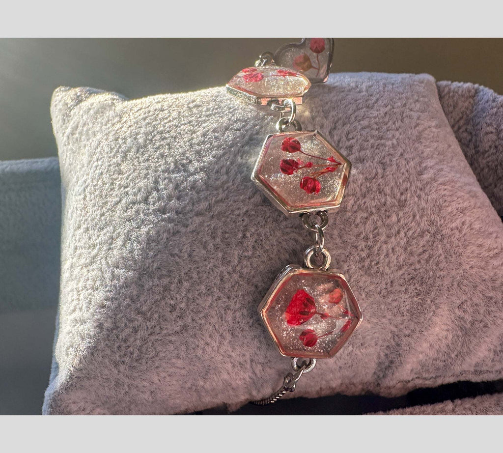 Red Floral Silver Hexagon Handmade Trio Bracelet with Dried Flowers