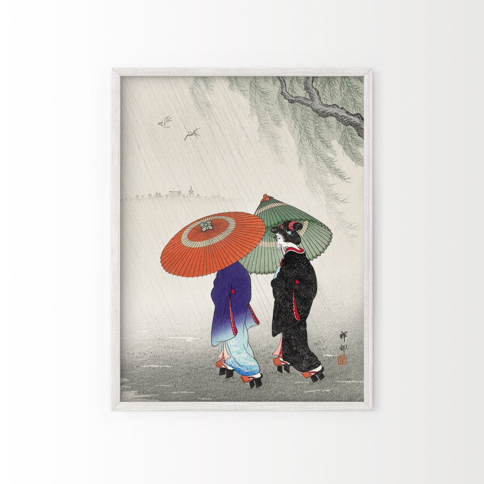 Ohara Koson Two Women in the Rain Art Print – Japanese Woodblock Poster