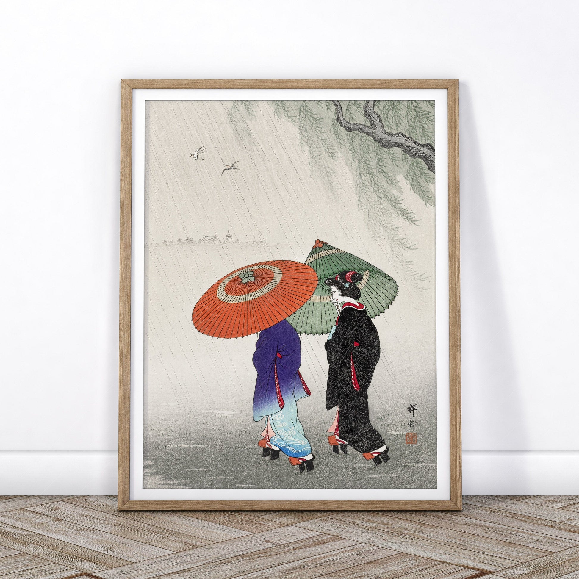 Ohara Koson Two Women in the Rain Art Print – Japanese Woodblock Poster