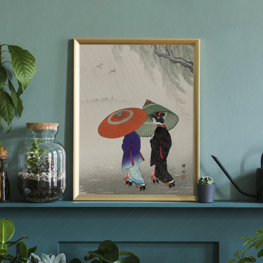 Ohara Koson Two Women in the Rain Art Print – Japanese Woodblock Poster