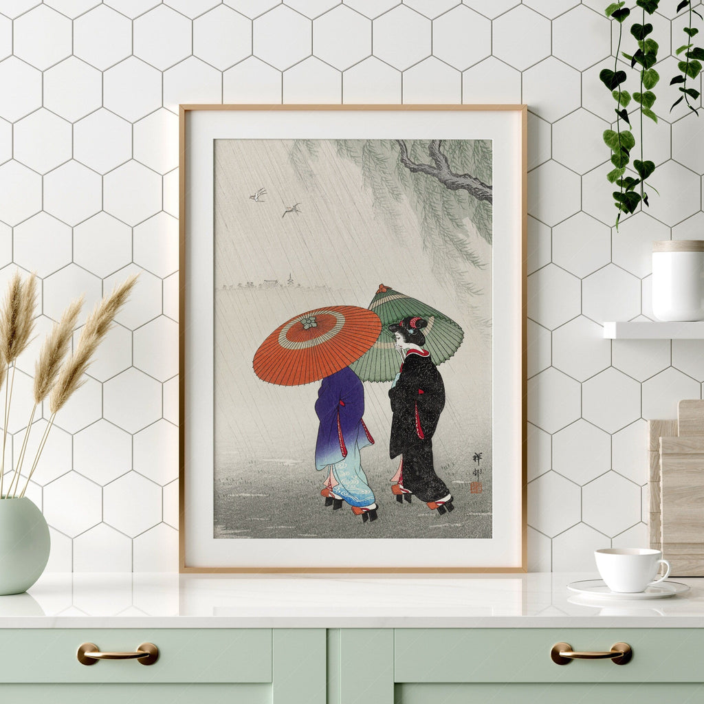Ohara Koson Two Women in the Rain Art Print – Japanese Woodblock Poster