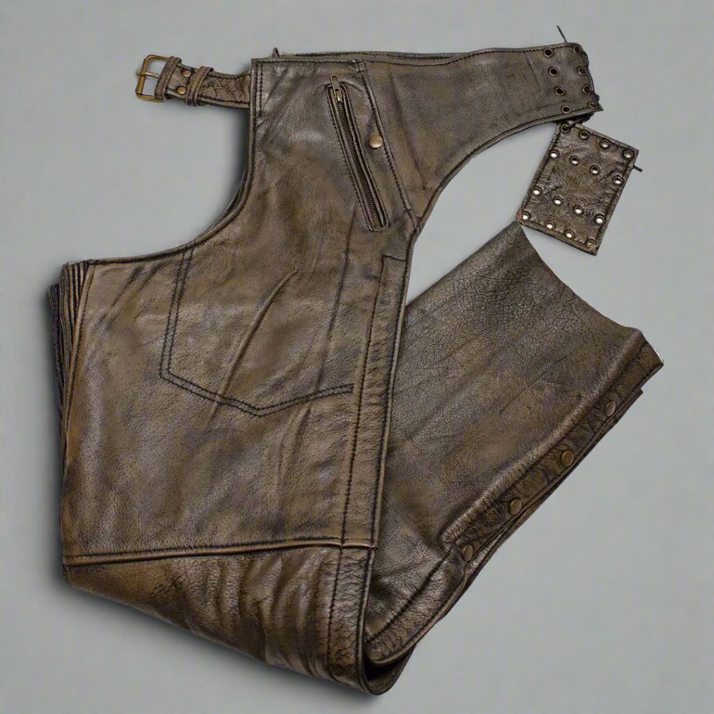 Open Road Men's Distressed Brown 4 Pocket Premium Leather Chaps