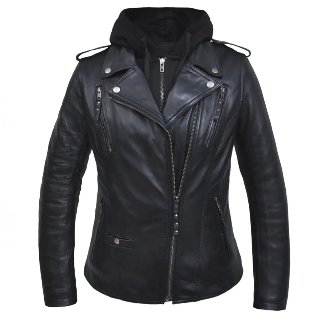 Veste de moto classique en cuir à capuche pour femme Open Road