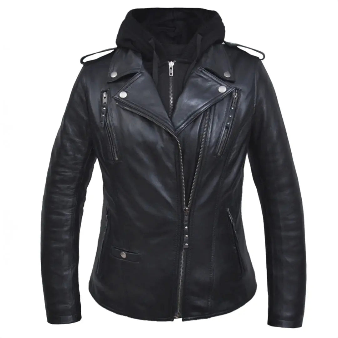 Veste de moto classique en cuir à capuche pour femme Open Road