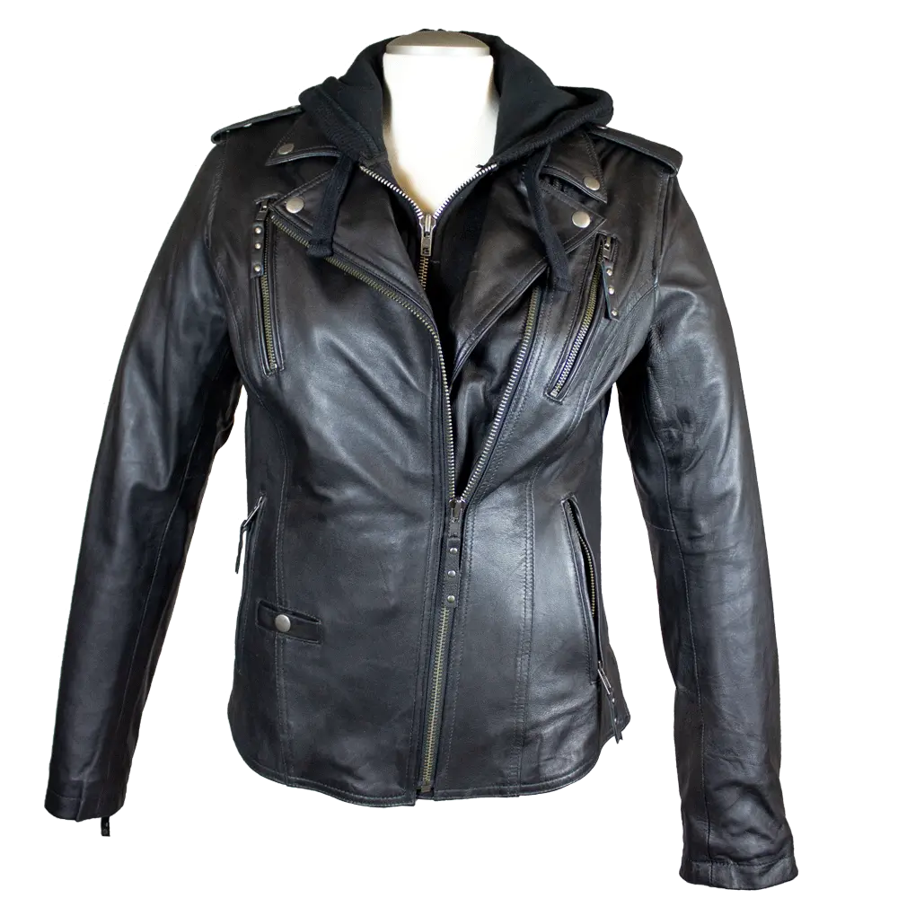 Veste de moto classique en cuir à capuche pour femme Open Road