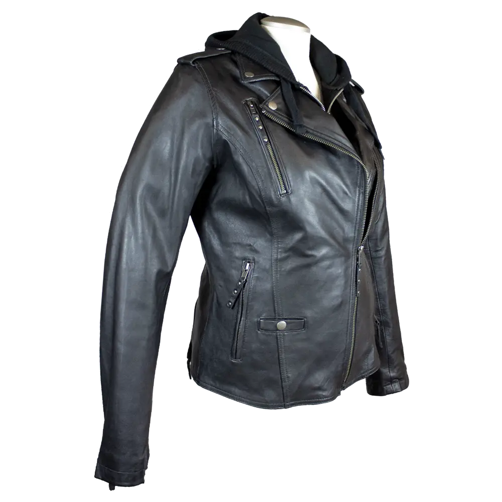 Veste de moto classique en cuir à capuche pour femme Open Road