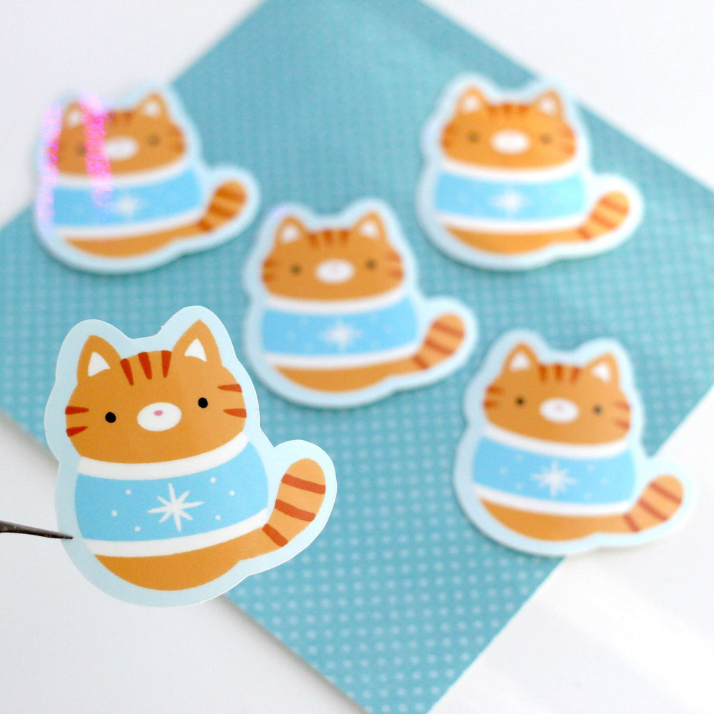 Christmas Sweater Cats Glossy Vinyl Stickers - Orange and Grey Tabby Cat Decals