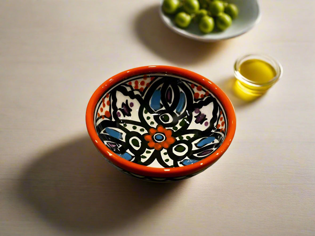 Handcrafted Ceramic Sauce & Dip Bowls – 3.5 Inch | Kuffiyeh, Blue & Yellow, Orange Designs
