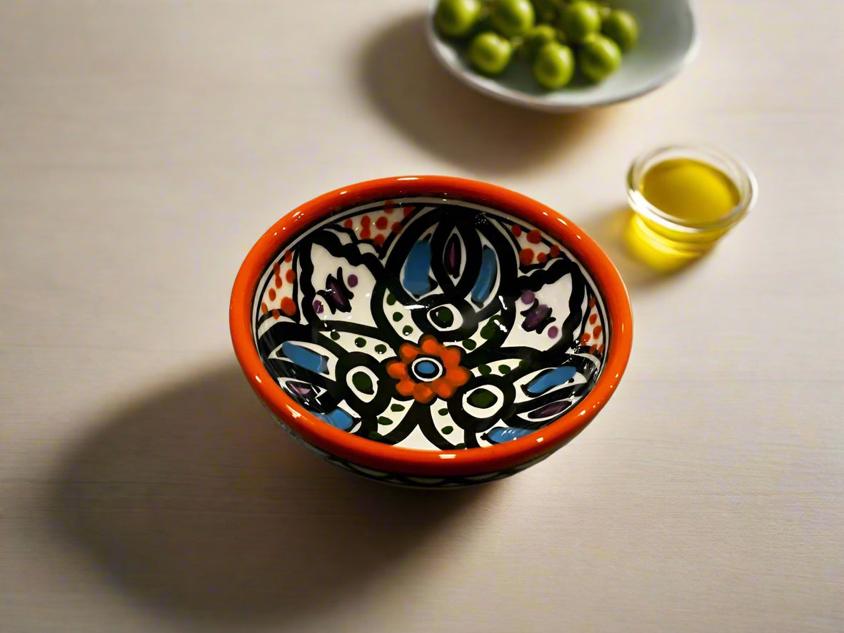 Handcrafted Ceramic Sauce & Dip Bowls – 3.5 Inch | Kuffiyeh, Blue & Yellow, Orange Designs